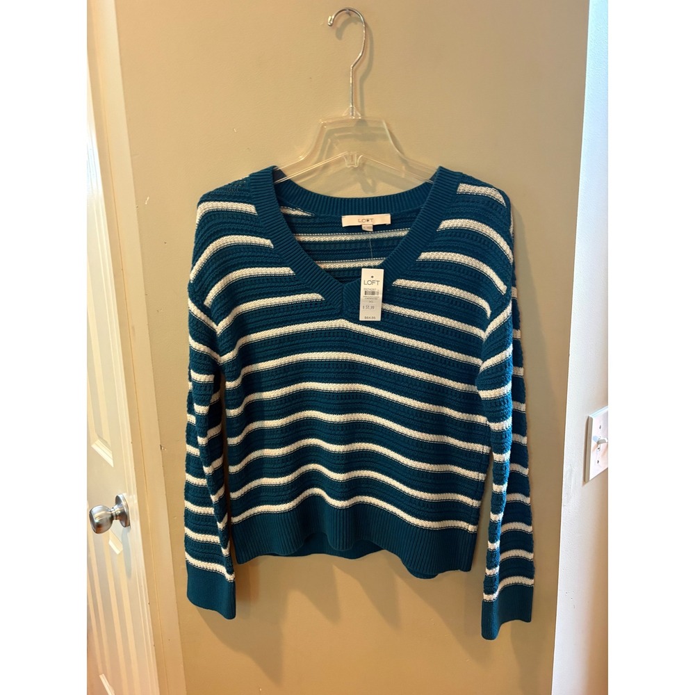 New Loft Womens Teal White Striped V-Neck Pointelle Knit Sweater size Small $89